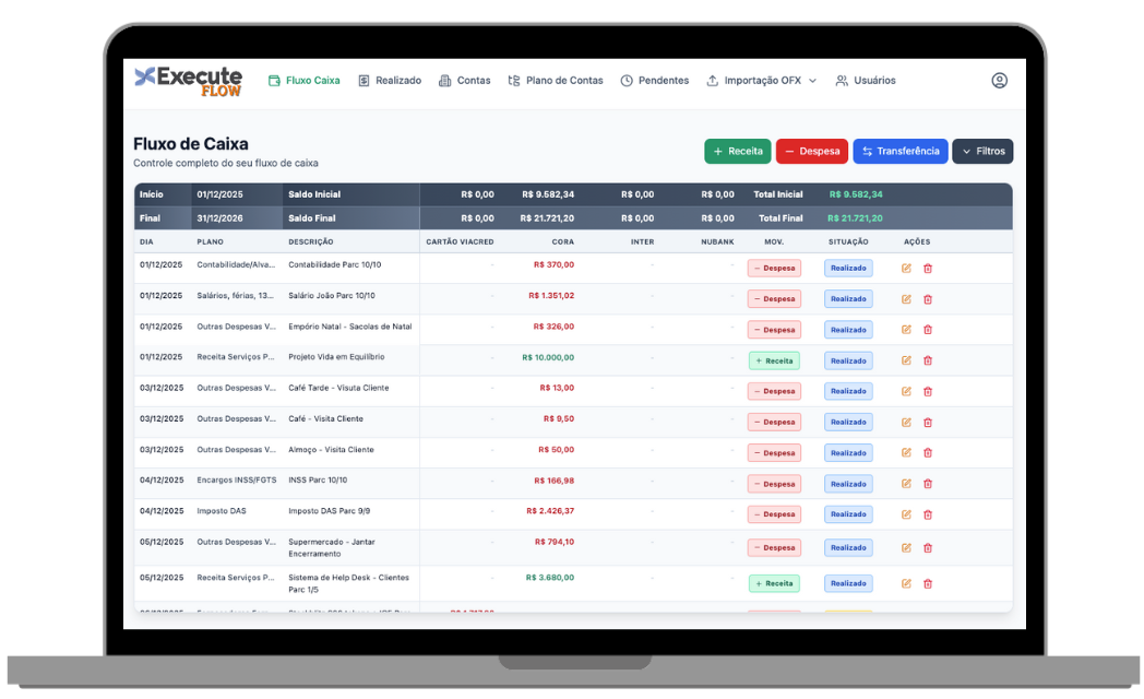 Interface do Execute Flow - Sistema de Controle de Fluxo de Caixa